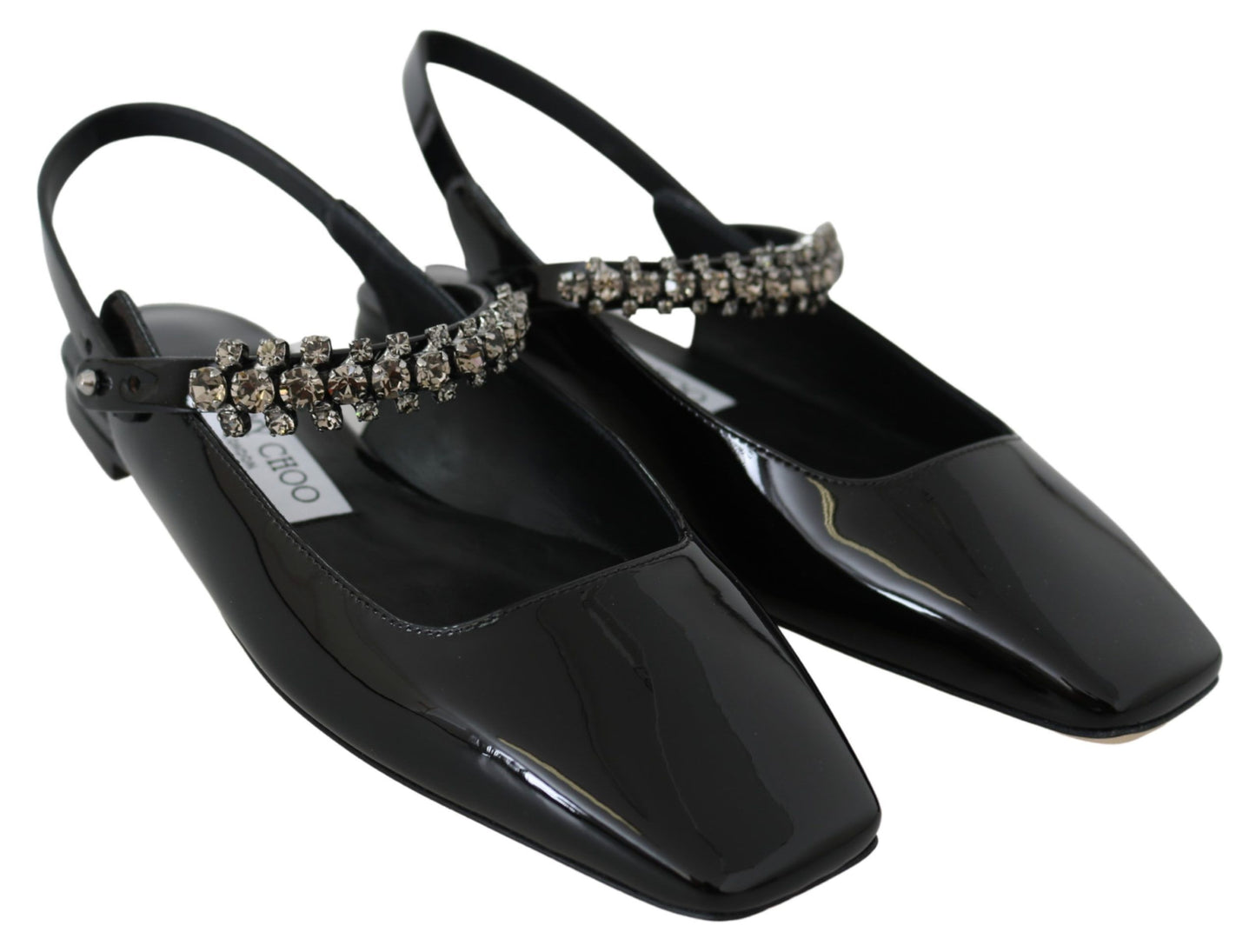 Elegantes zapatos planos negros de charol con detalles de cristal de Jimmy Choo