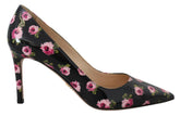 Elegantes zapatos de tacón de cuero con estampado floral de Prada