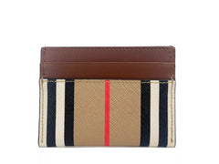 Cartera para tarjetas fina Burberry Sandon de lona color canela con estampado de cuadros en piel