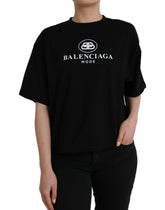Camiseta de algodón negra de Balenciaga con cuello redondo y manga corta y logotipo