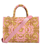Bolso grande de compras de tela y cuero con estampado rosa de Versace