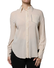 Blusa con cuello y botones en mezcla de seda beige de Brunello Cucinelli