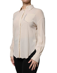 Blusa con cuello y botones en mezcla de seda beige de Brunello Cucinelli