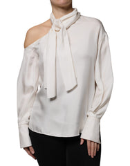 Blusa de manga larga con cuello Ascot de seda beige de Brunello Cucinelli