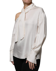 Blusa de manga larga con cuello Ascot de seda beige de Brunello Cucinelli