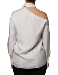 Blusa de manga larga con cuello Ascot de seda beige de Brunello Cucinelli