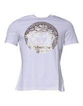 Camiseta de algodón con cuello redondo y estampado de Medusa blanca de Versace