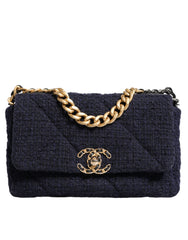 Bolso de hombro Chanel azul oscuro con solapa mediana de tweed CC con cadena dorada y gris