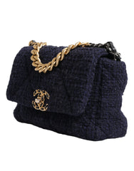 Bolso de hombro Chanel azul oscuro con solapa mediana de tweed CC con cadena dorada y gris