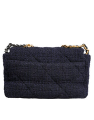 Bolso de hombro Chanel azul oscuro con solapa mediana de tweed CC con cadena dorada y gris