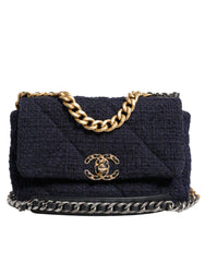 Bolso de hombro Chanel azul oscuro con solapa mediana de tweed CC con cadena dorada y gris