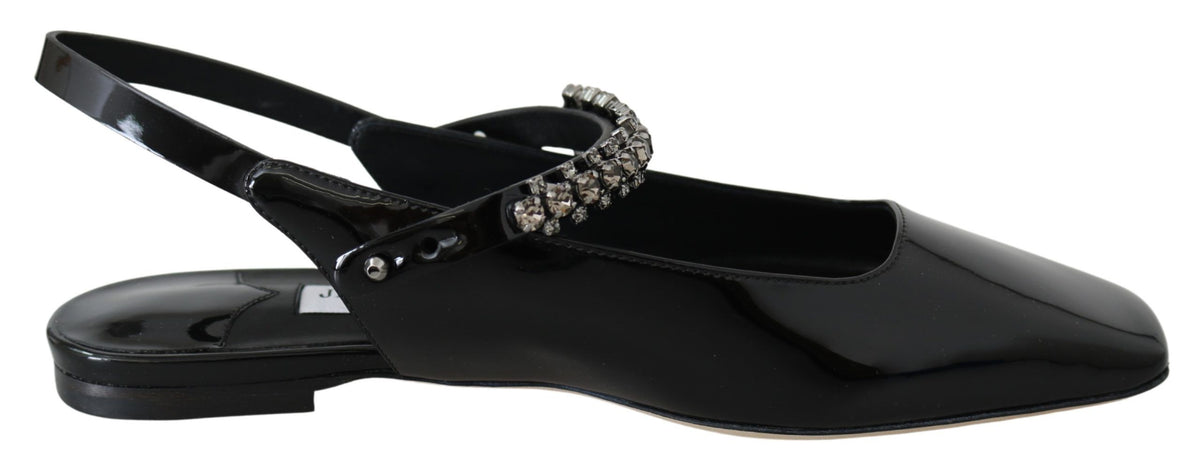 Elegantes zapatos planos negros de charol con detalles de cristal de Jimmy Choo