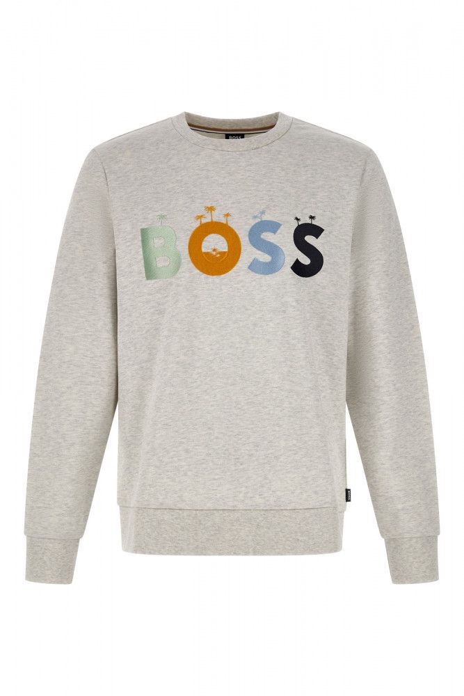 Sudadera elegante de algodón con cuello redondo gris de Hugo Boss