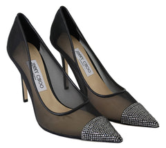 Jimmy Choo - Elegantes zapatos de tacón de malla negra con cristales