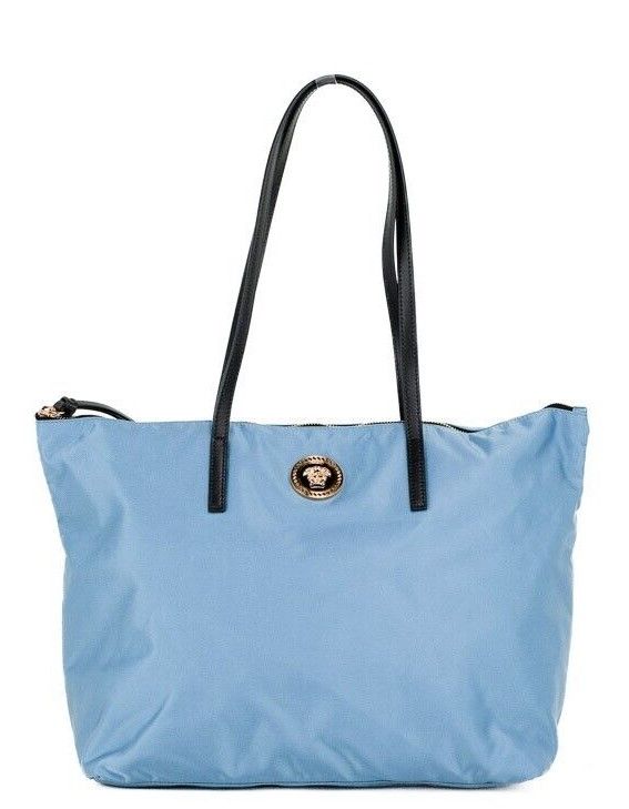 Bolso tote mediano Portuna Medusa de Versace en piel de nailon azul aciano