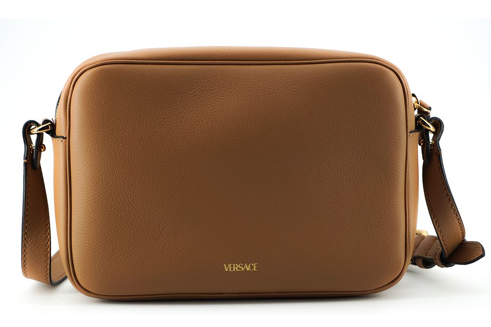 Elegante bolso de hombro Versace de cuero marrón con funda para cámara