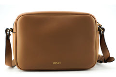 Elegante bolso de hombro Versace de cuero marrón con funda para cámara
