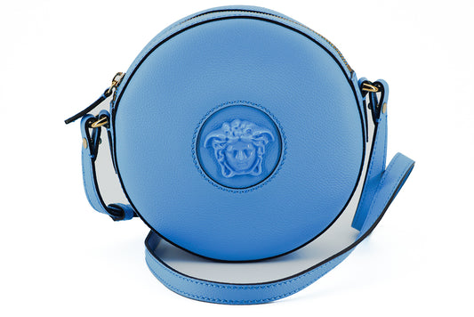 Bolso de hombro redondo de piel azul chic de Versace