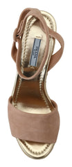 Sandalias elegantes de cuña con tira al tobillo de ante de Prada