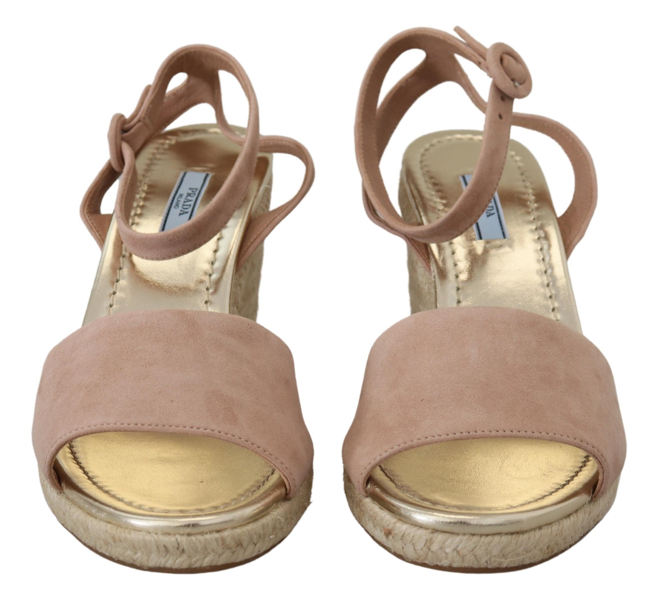 Sandalias elegantes de cuña con tira al tobillo de ante de Prada