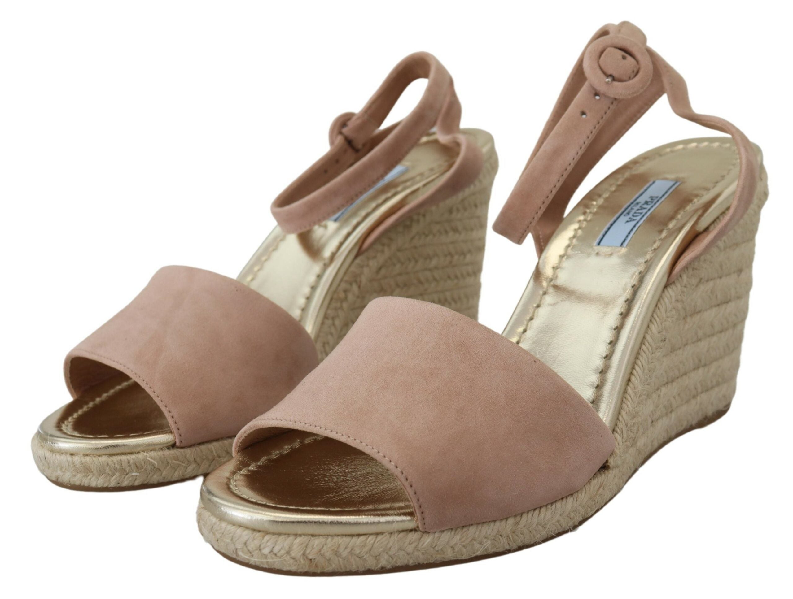 Sandalias elegantes de cuña con tira al tobillo de ante de Prada
