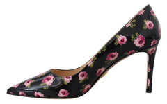 Elegantes zapatos de tacón de cuero con estampado floral de Prada