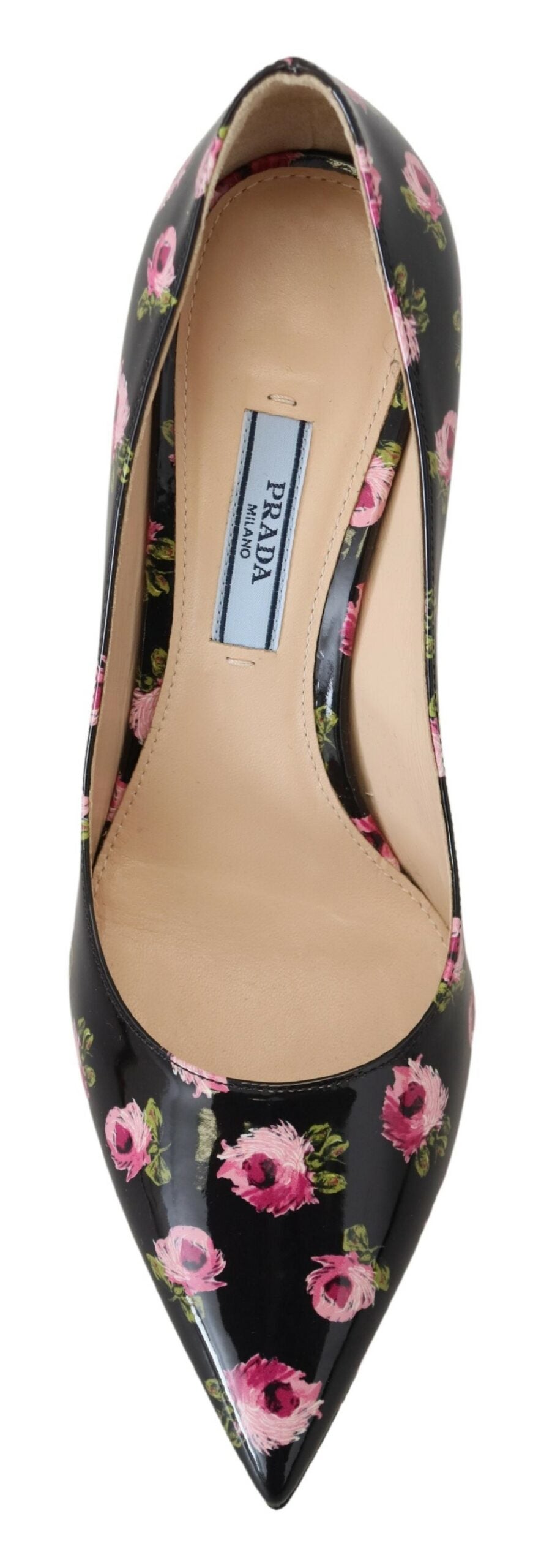 Elegantes zapatos de tacón de cuero con estampado floral de Prada