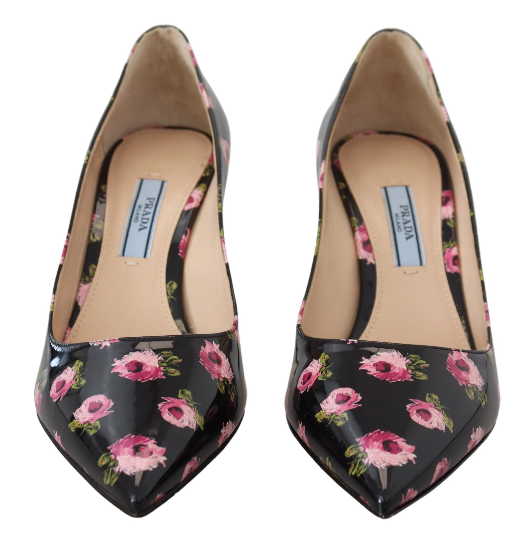 Elegantes zapatos de tacón de cuero con estampado floral de Prada