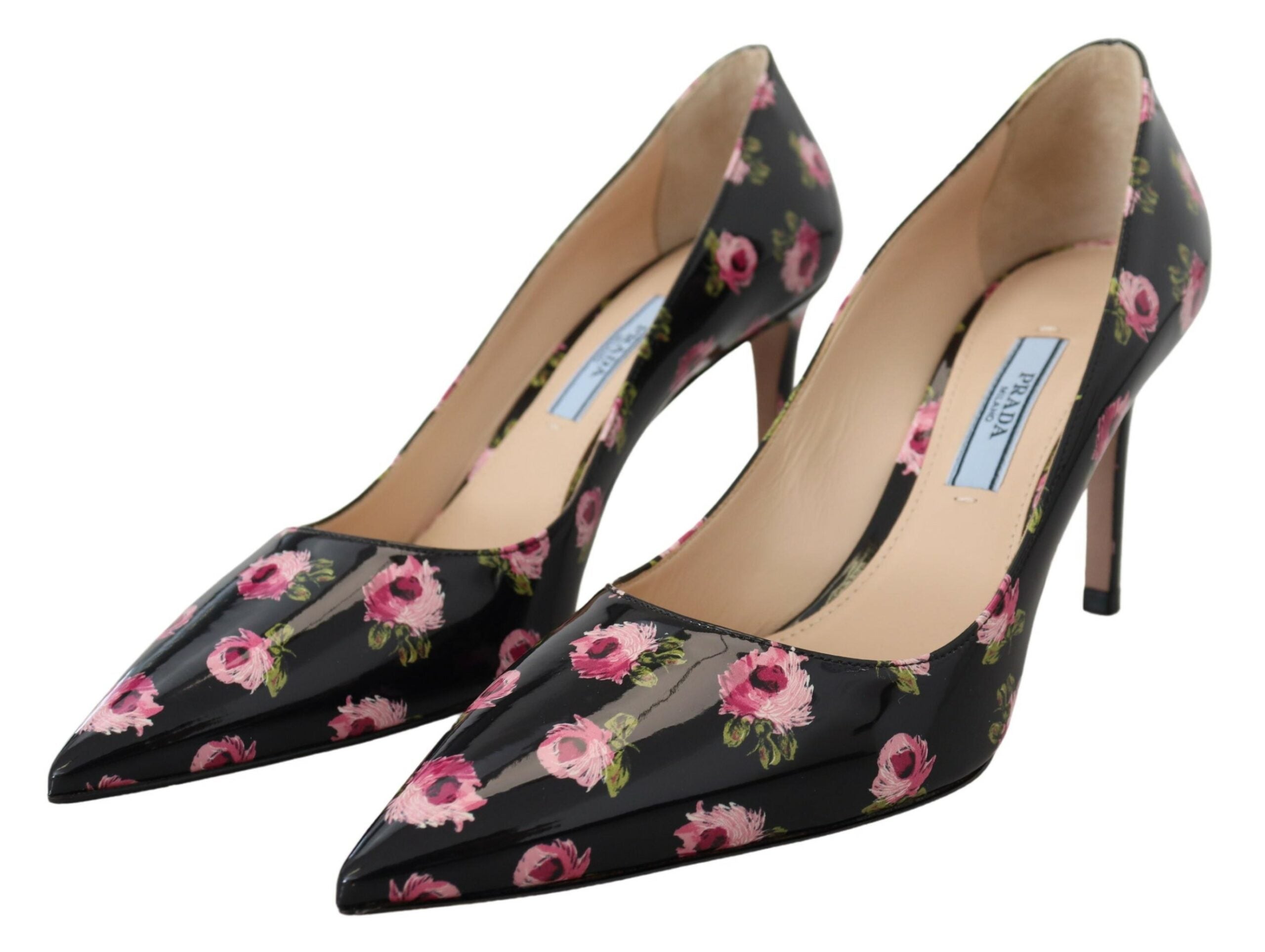 Elegantes zapatos de tacón de cuero con estampado floral de Prada