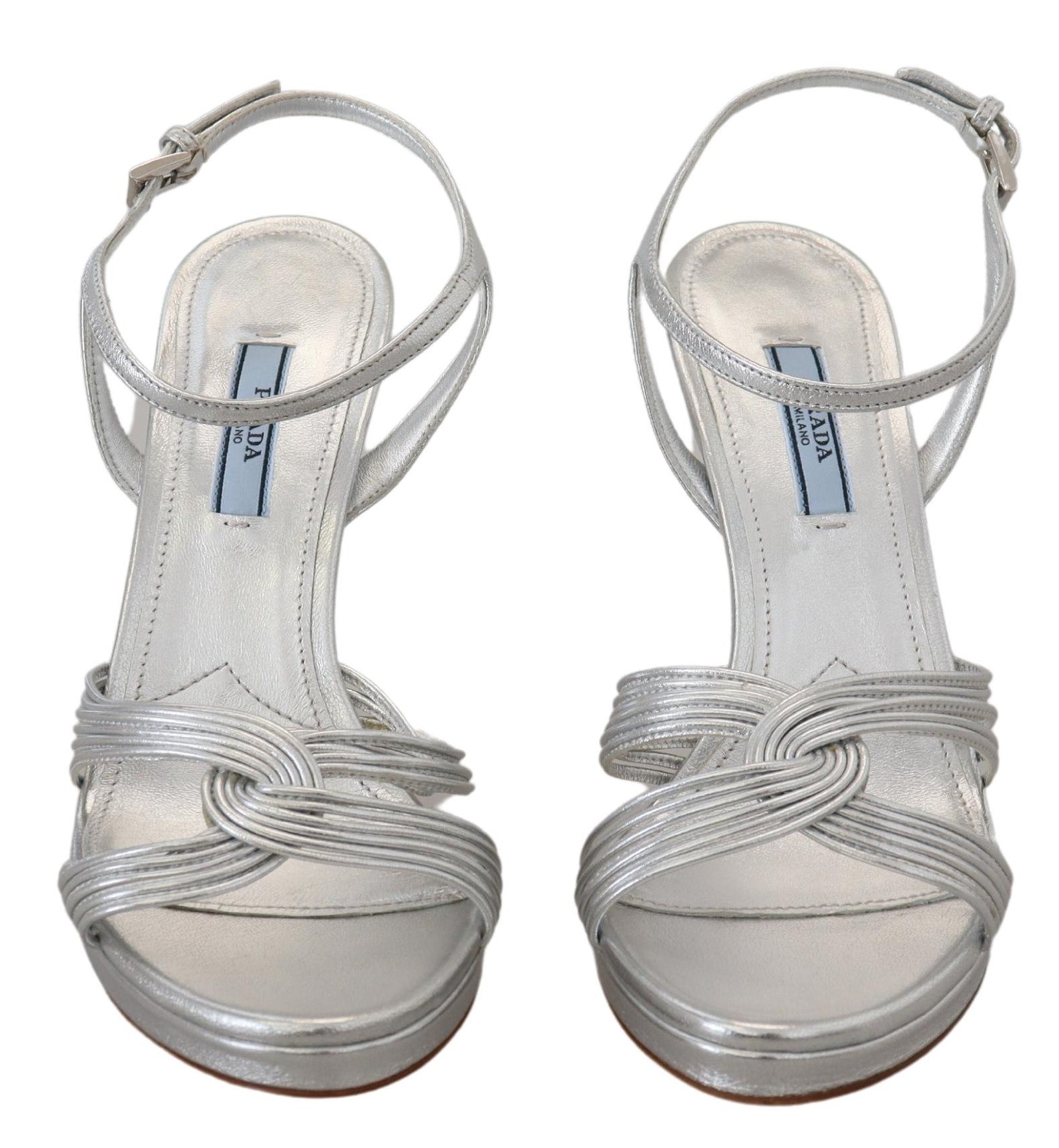 Sandalias elegantes de tacón de aguja plateado de Prada