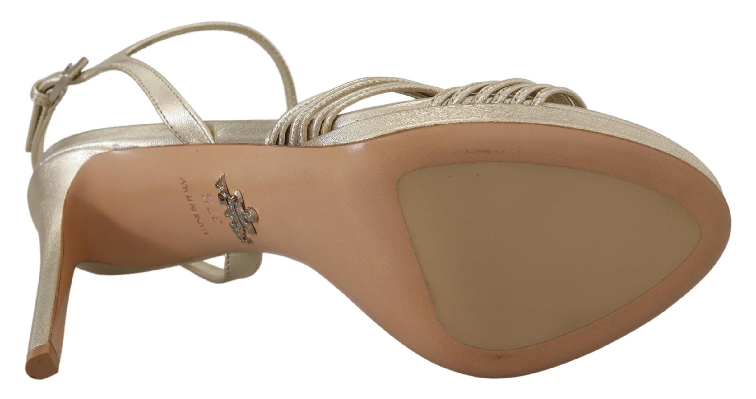 Sandalias elegantes de tacón de aguja dorado de Prada