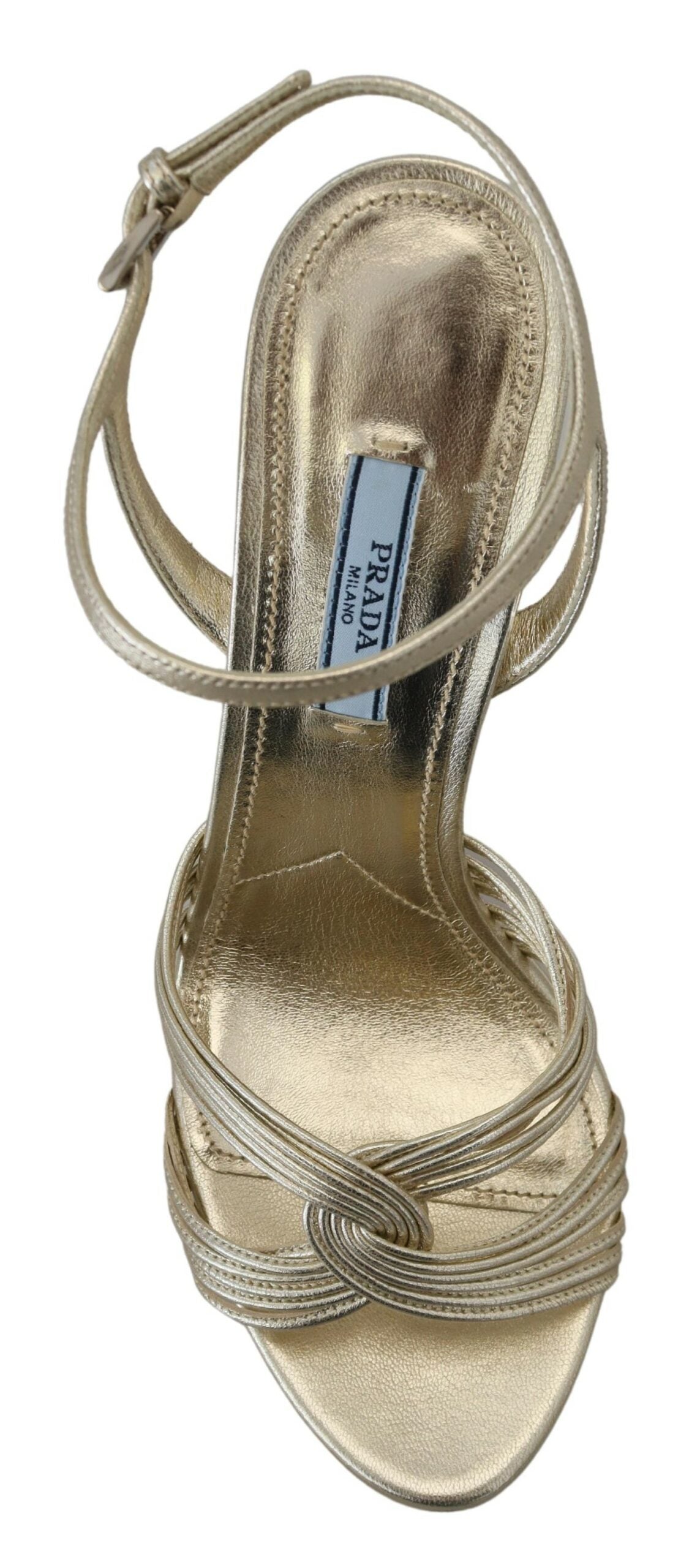 Sandalias elegantes de tacón de aguja dorado de Prada