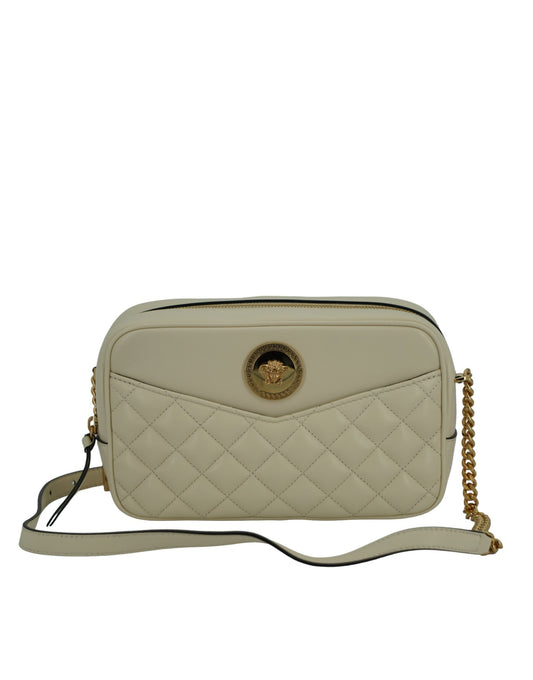 Elegante bolso de hombro para cámara de cuero blanco de Versace