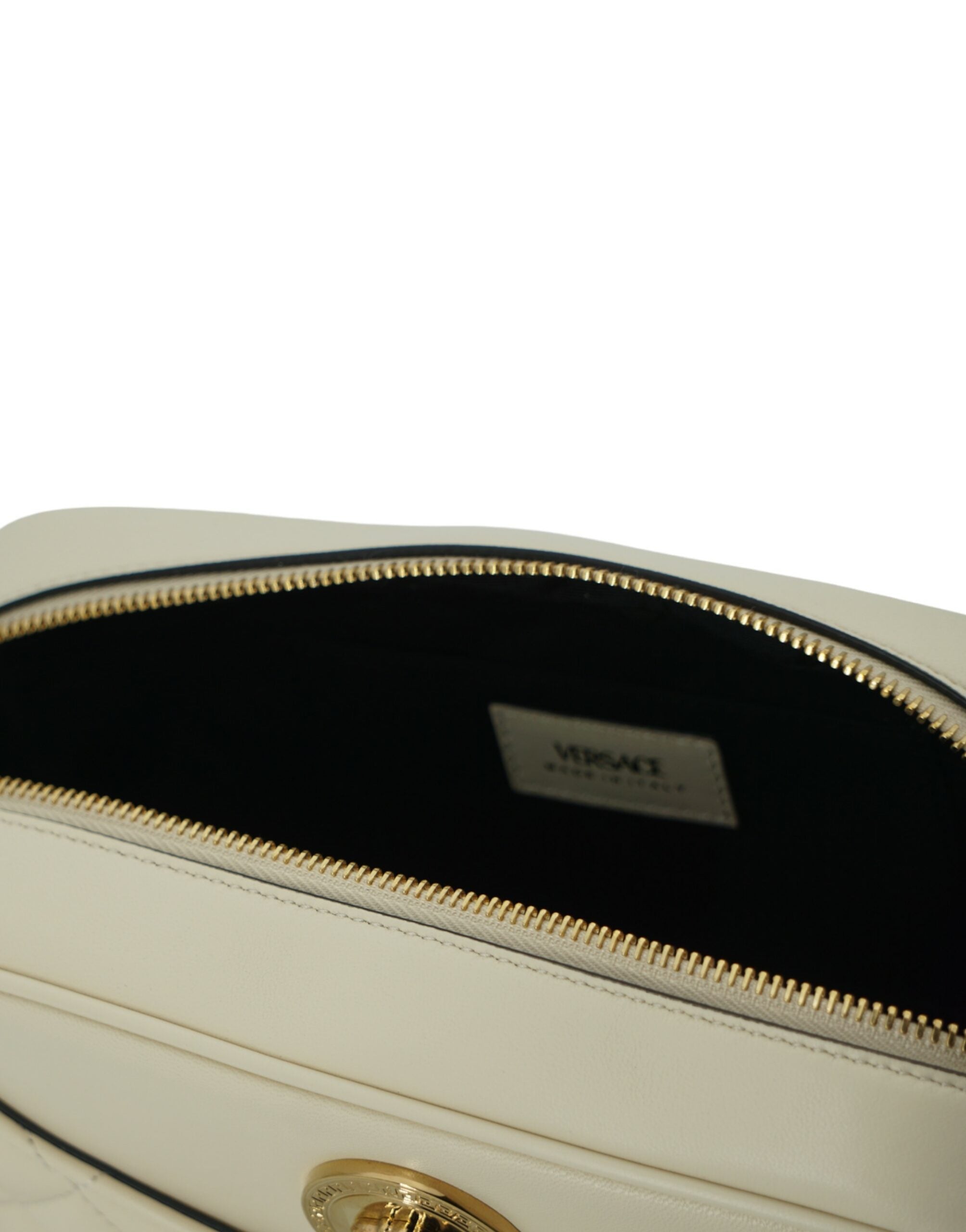 Elegante bolso de hombro para cámara de cuero blanco de Versace