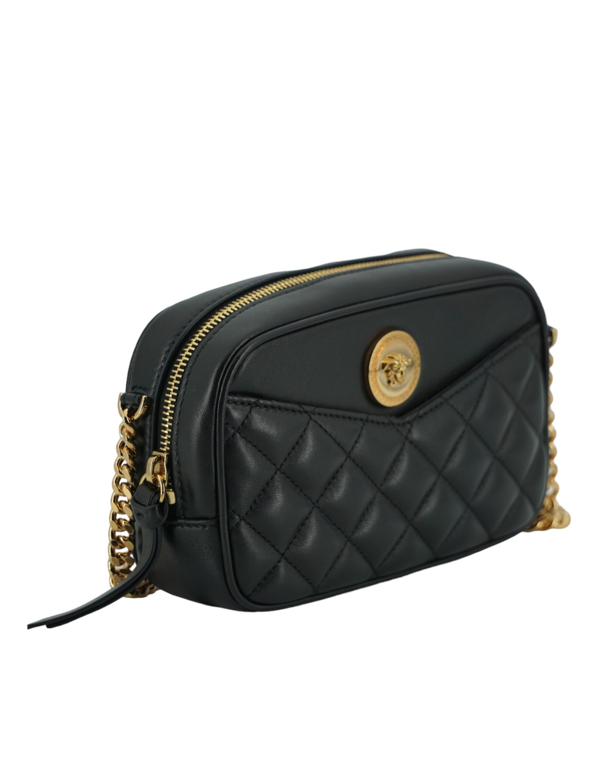Bolso bandolera pequeño y elegante de piel negra de Versace