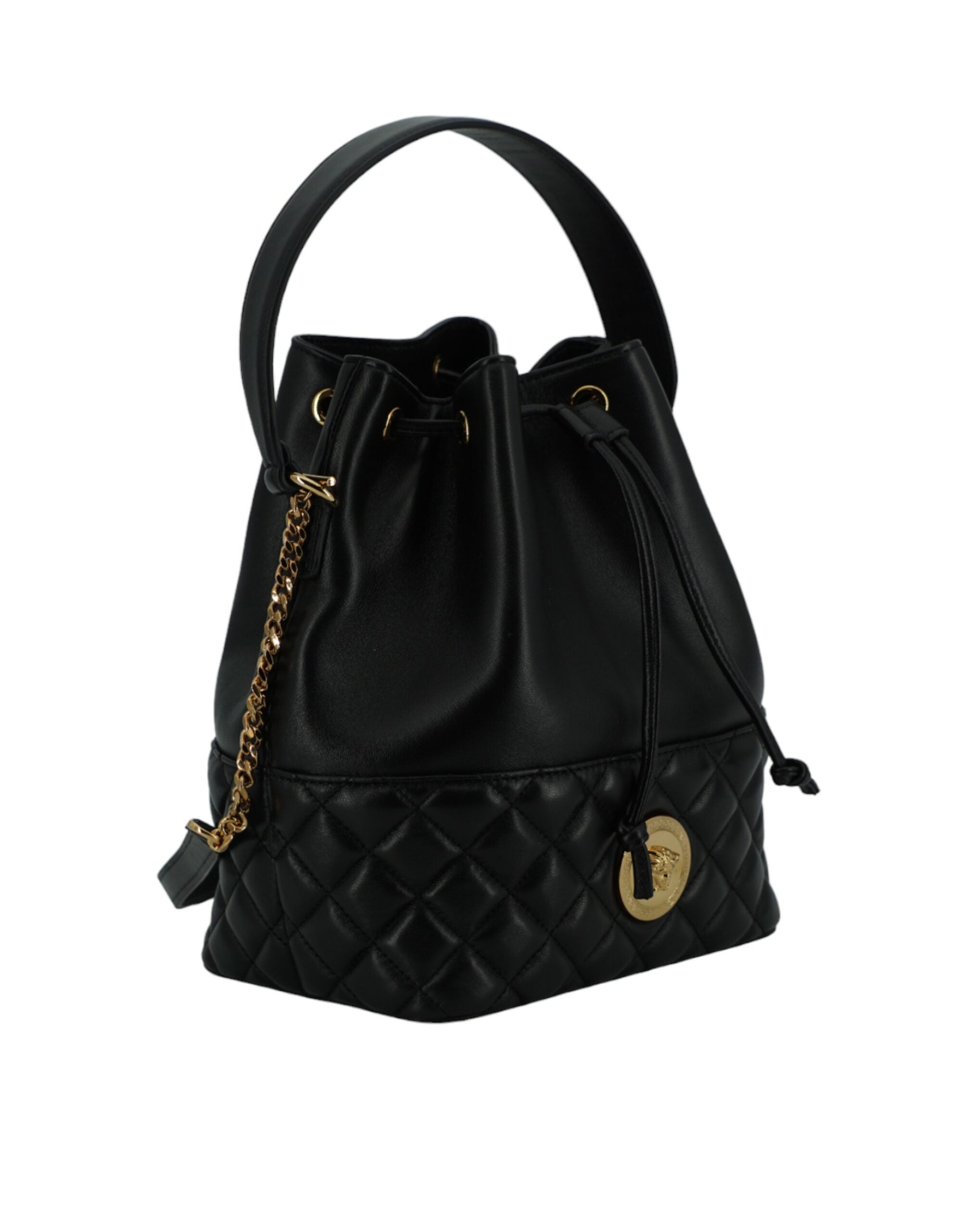Elegante bolso de hombro tipo cubo con Medusa de cuero negro de Versace