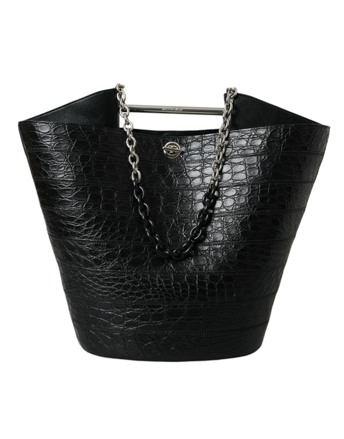 Bolso maxi tipo cubo elegante de piel de cocodrilo negra de Balenciaga