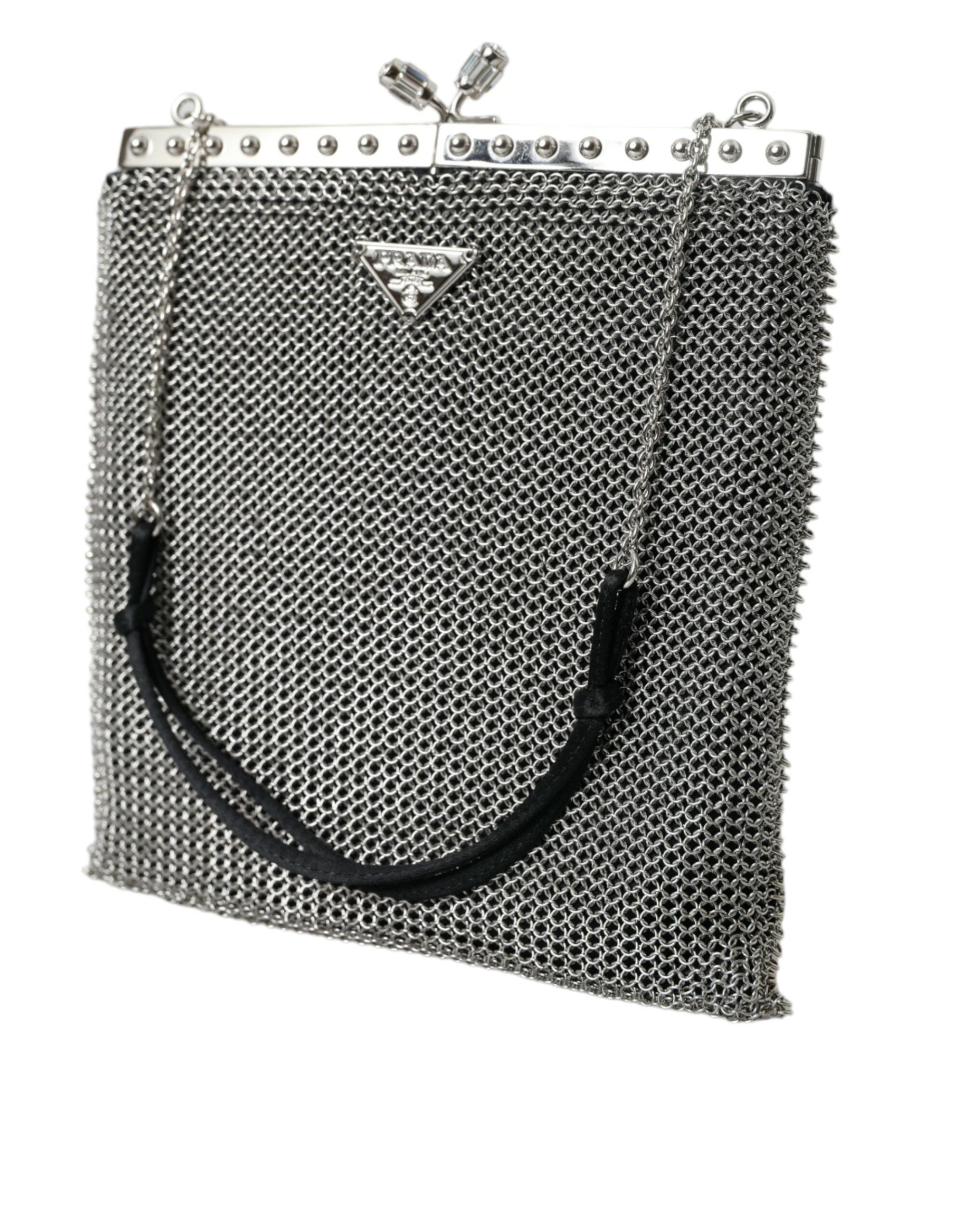 Elegante bolso de noche Prada de malla plateada con hombro