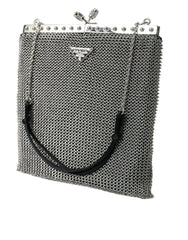 Elegante bolso de noche Prada de malla plateada con hombro