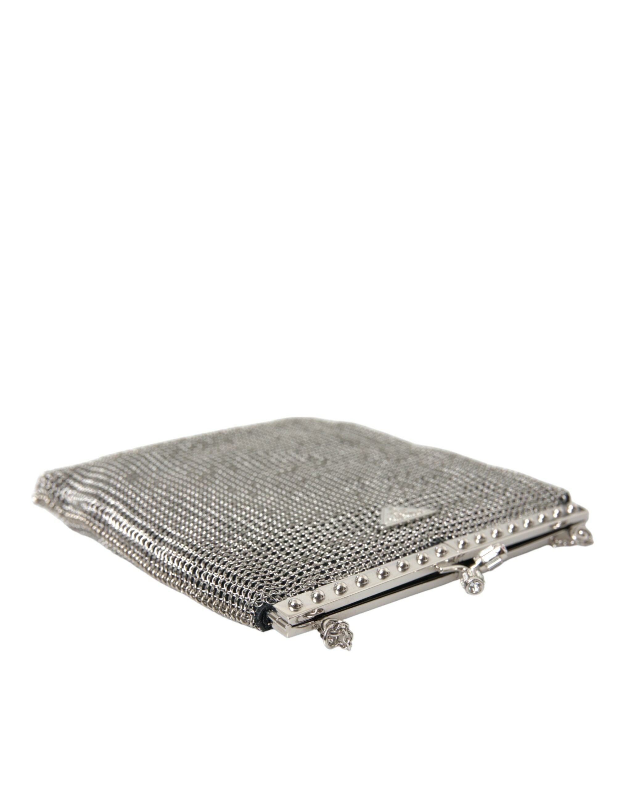 Elegante bolso de noche Prada de malla plateada con hombro