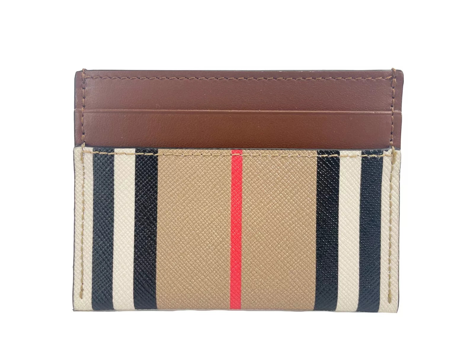 Cartera para tarjetas fina Burberry Sandon de lona color canela con estampado de cuadros en piel