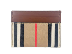 Cartera para tarjetas fina Burberry Sandon de lona color canela con estampado de cuadros en piel