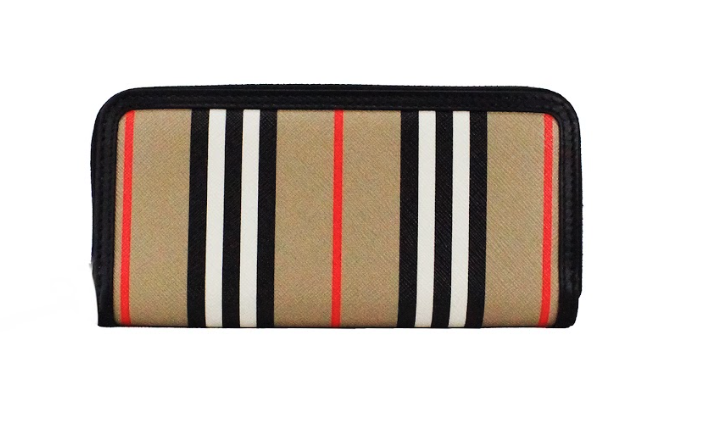 Cartera continental Burberry Ellerby de lona con rayas icónicas de cuero negro y cremallera alrededor