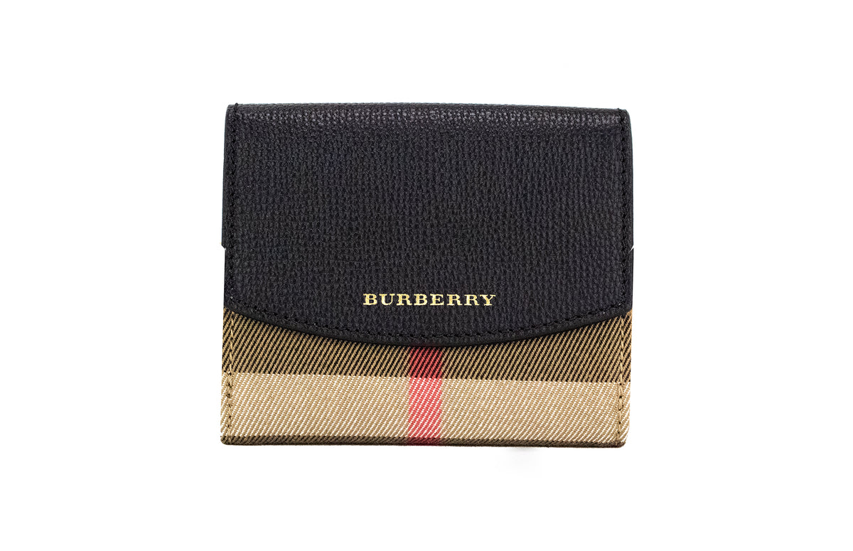 Monedero con broche Burberry Luna de lona a cuadros negros y piel granulada