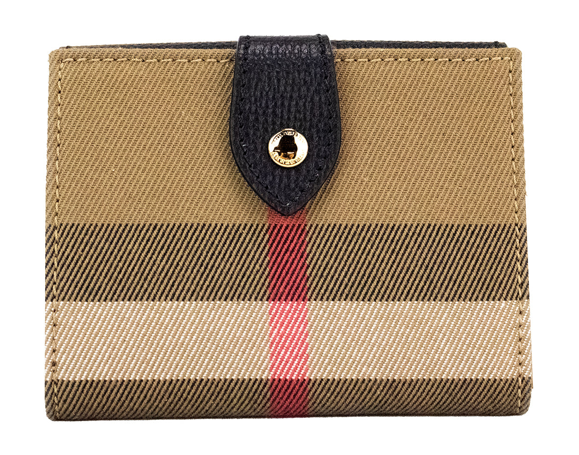 Monedero con broche Burberry Luna de lona a cuadros negros y piel granulada