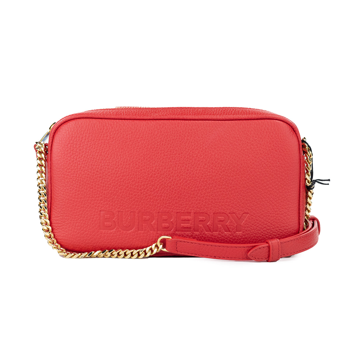 Bolso bandolera alargado pequeño de Burberry con cámara de piel granulada roja