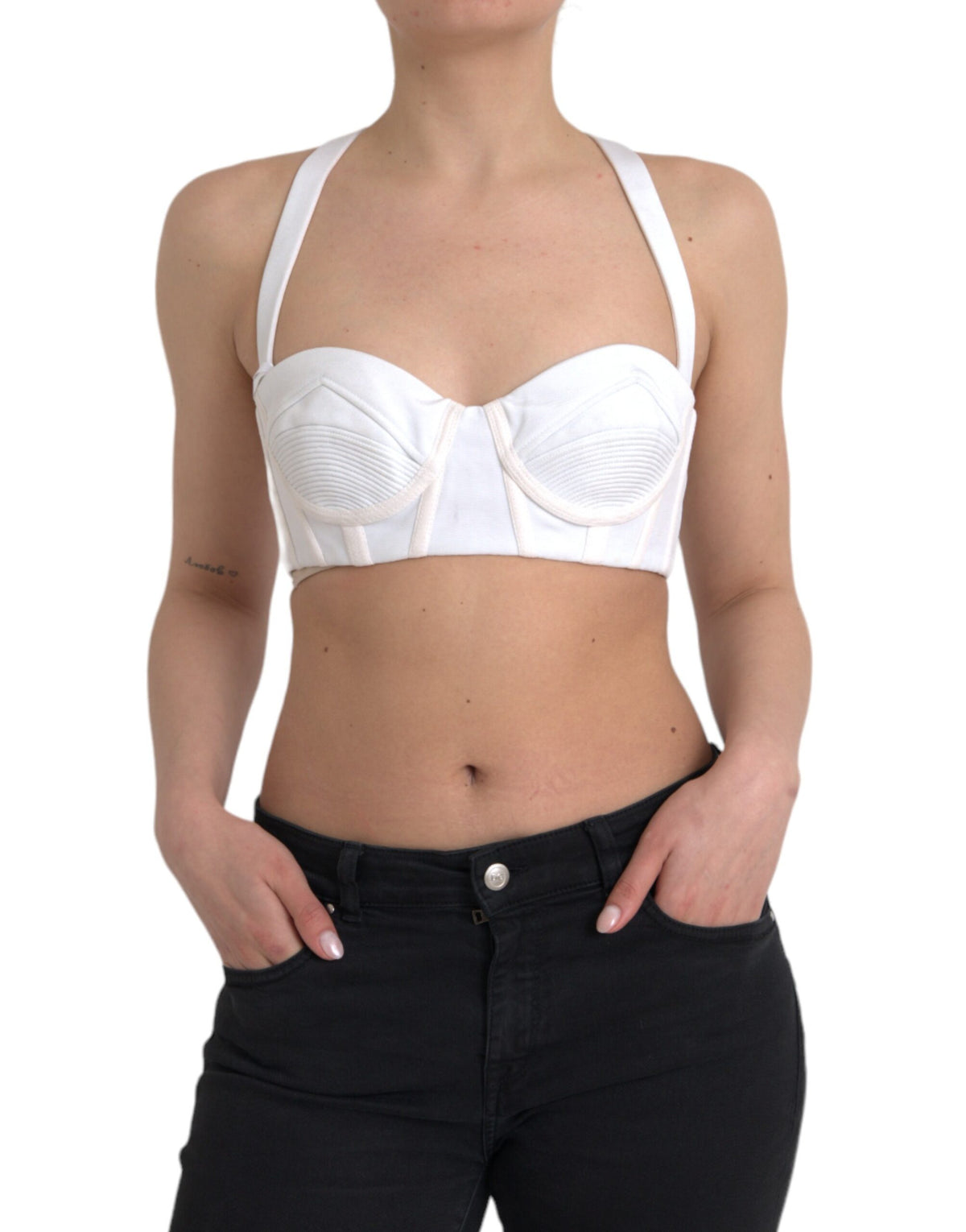 Top corto sin mangas con corpiño de viscosa blanca de Versace