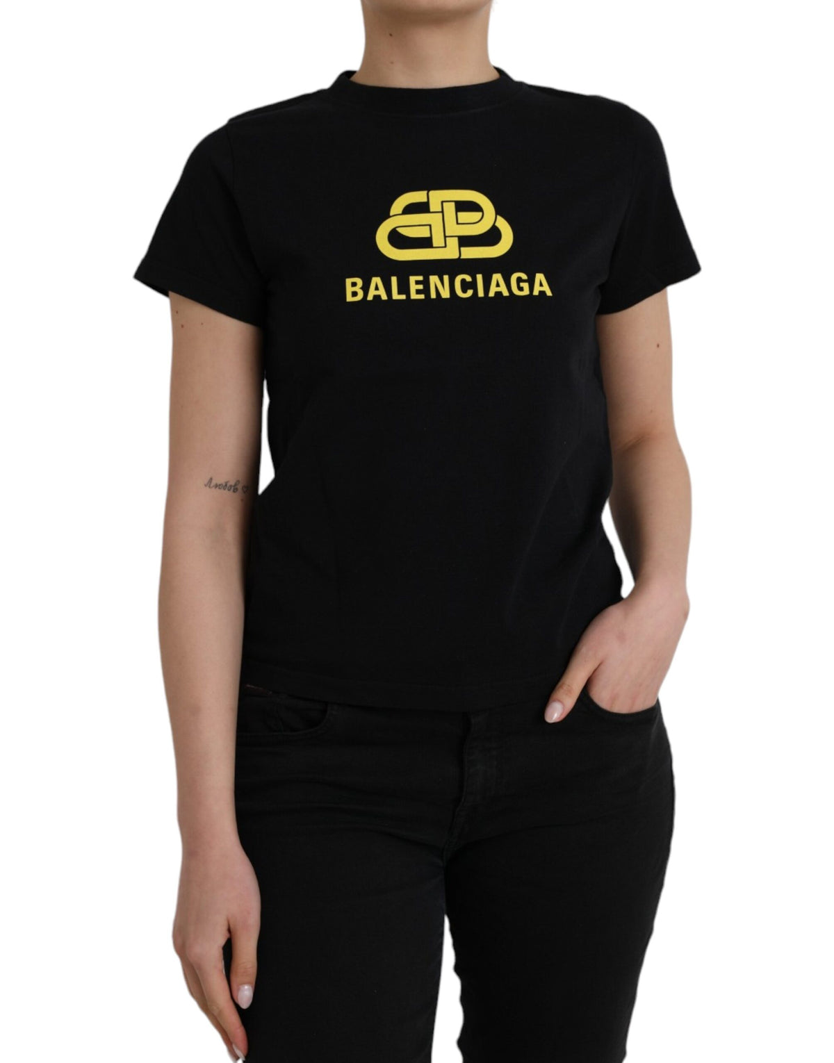 Camiseta de algodón negra de Balenciaga con cuello redondo y manga corta y estampado del logotipo