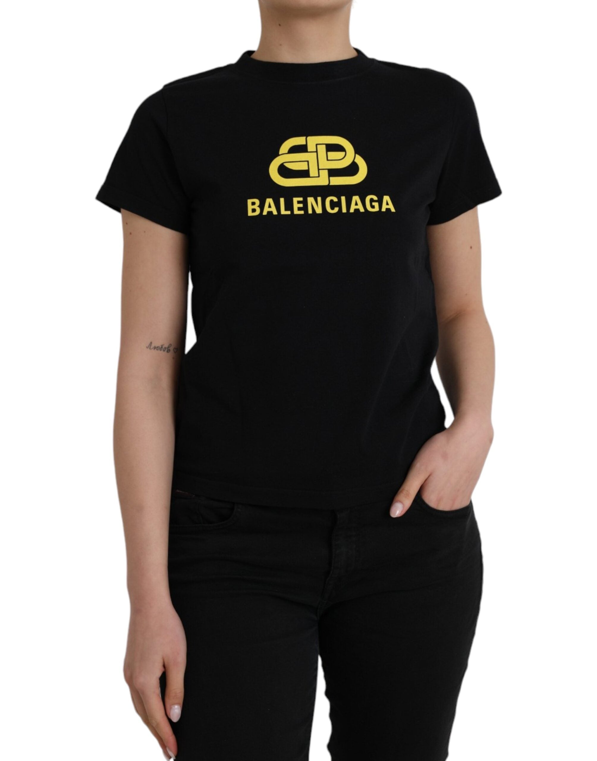 Camiseta de algodón negra de Balenciaga con cuello redondo y manga corta y estampado del logotipo
