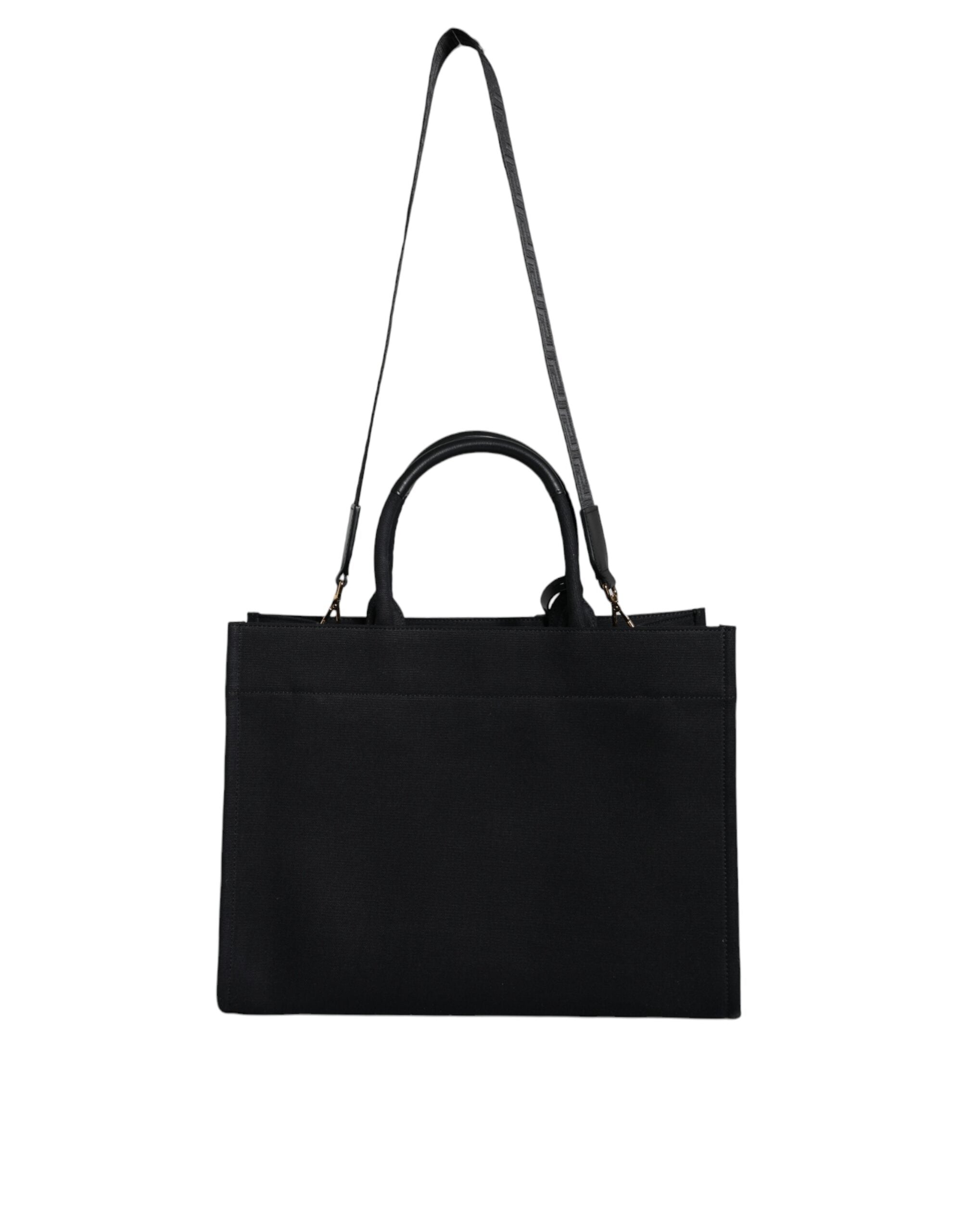 Bolso tote cruzado Versace de lona y cuero con asa superior en color negro y logotipo